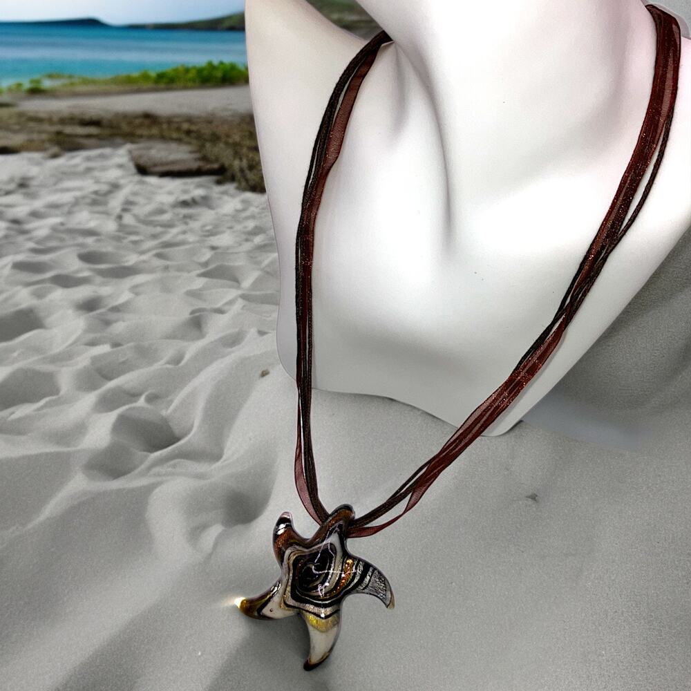 Glass Starfish Gold, Silver, Black & White Swirl Pendant 22.25" Necklace!